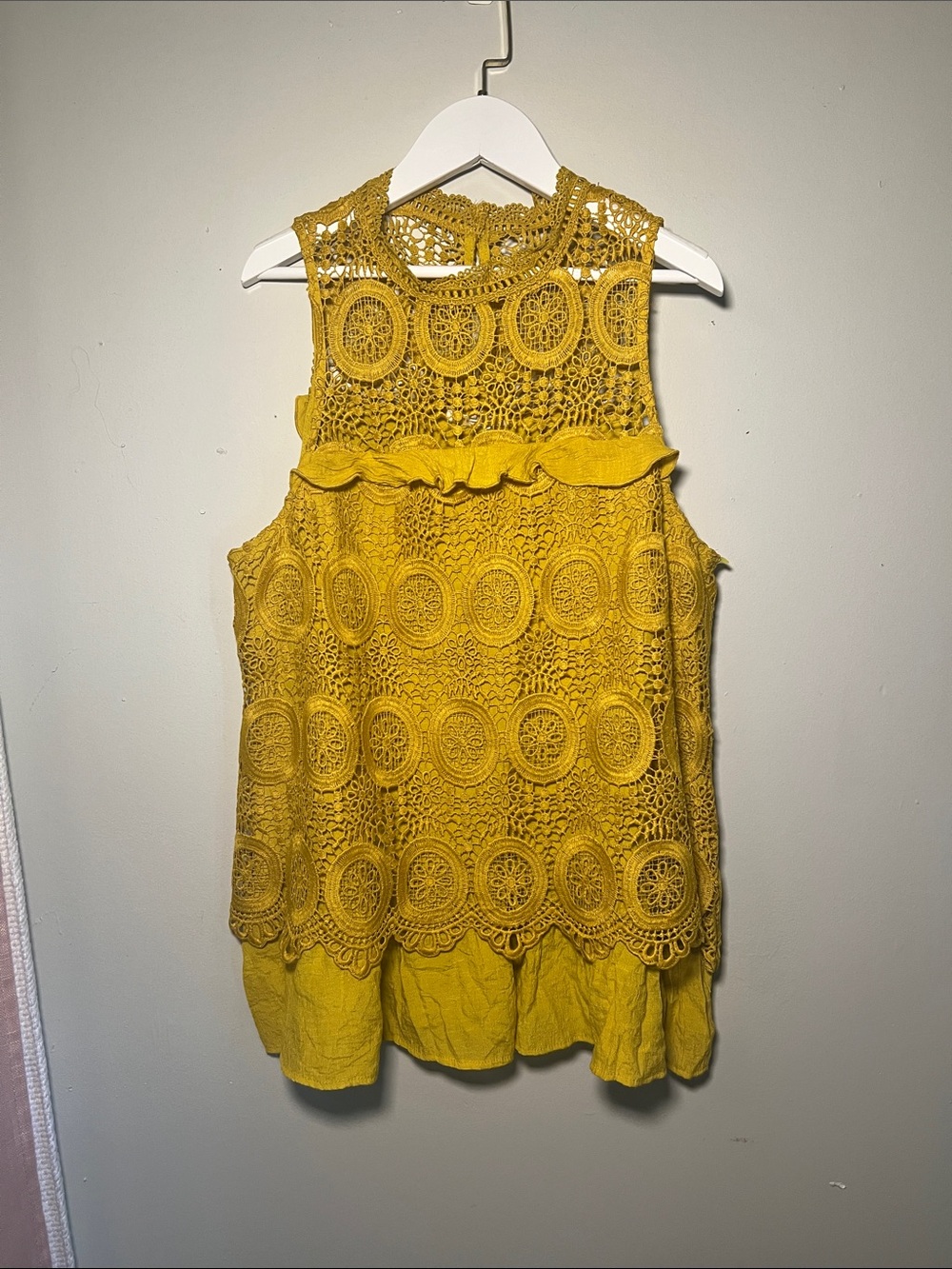 entro Mustard Crochet Ruffle Sleeveless Tunic